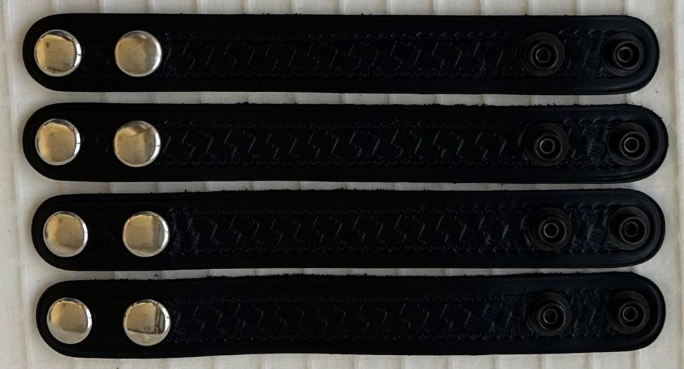 LEATHER BASKET WEAVE KEEPERS with NICKEL SNAPS, SET of 4.
